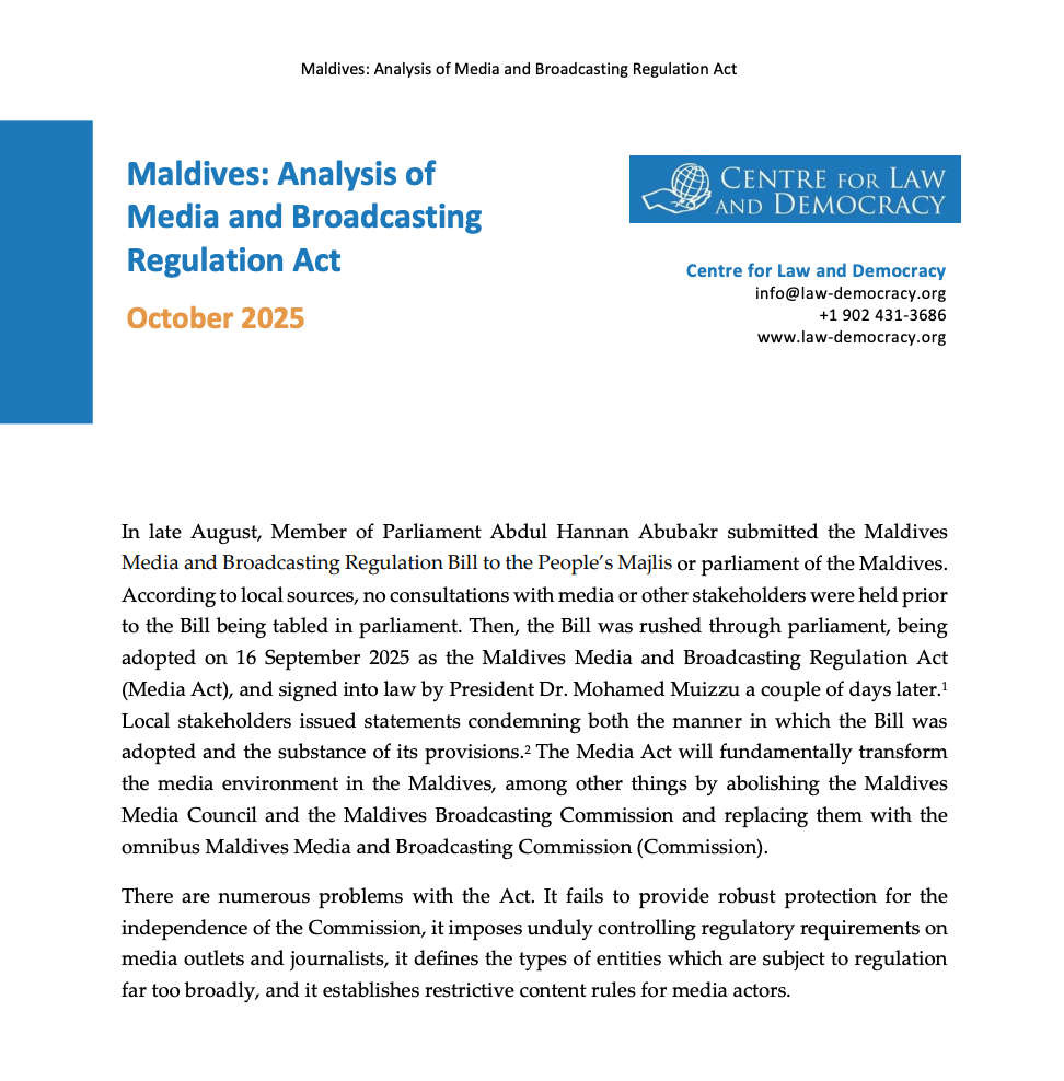 Analysis of the Maldives Media and Broadcasting Regulation Act